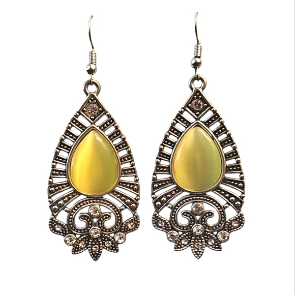 Jewelry - Ornate Yellow Cat's Rye and Silver Teardrop Earrings with Filigree
